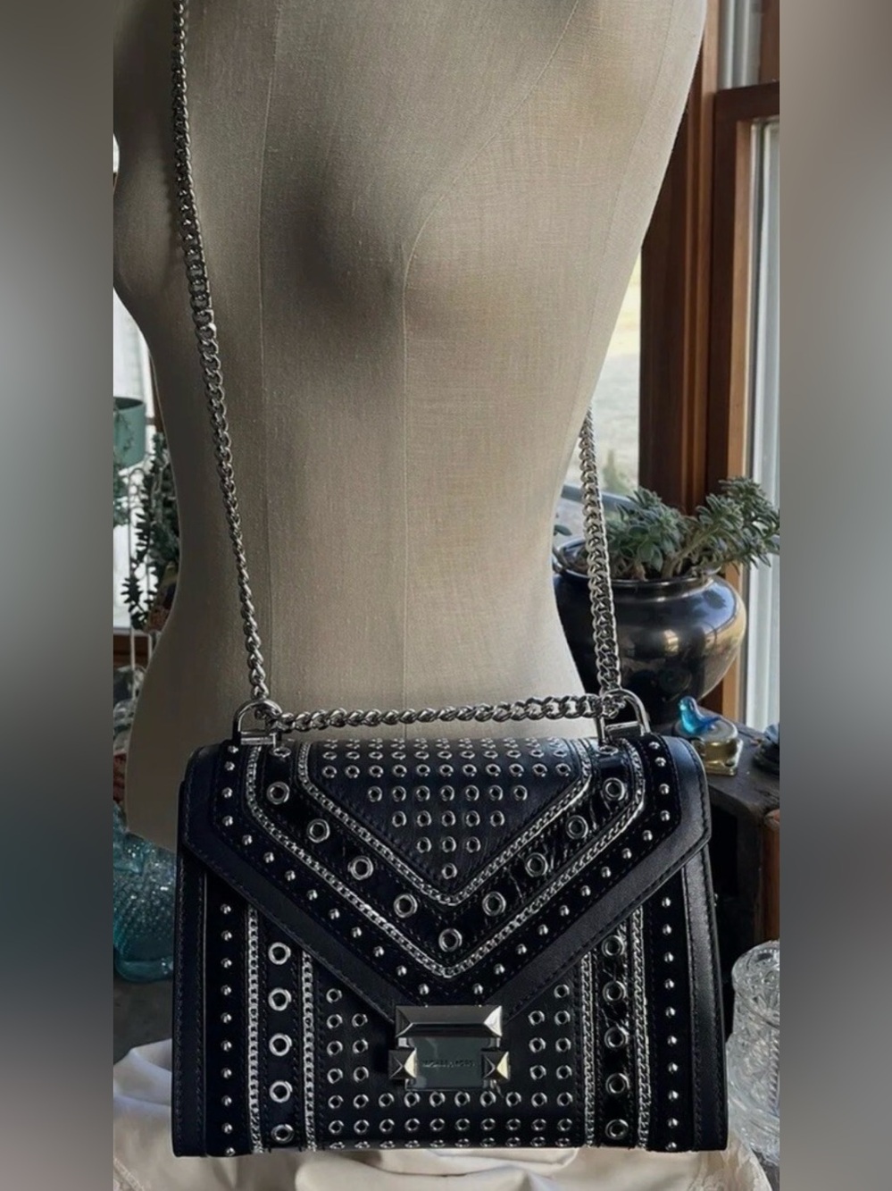 Michael Kors Black Whitney grommeted/ Studded Leather convertsble Shoulder Bag - Picture 9 of 10